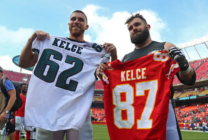 Sep 17, 2017; Kansas City, MO, USA; Kansas City Chiefs tight end Travis Kelce (87) swaps jerseys with Philadelphia Eagles center Jason Kelce (62) after the game at Arrowhead Stadium. Mandatory Credit: Jay Biggerstaff-USA TODAY Sports